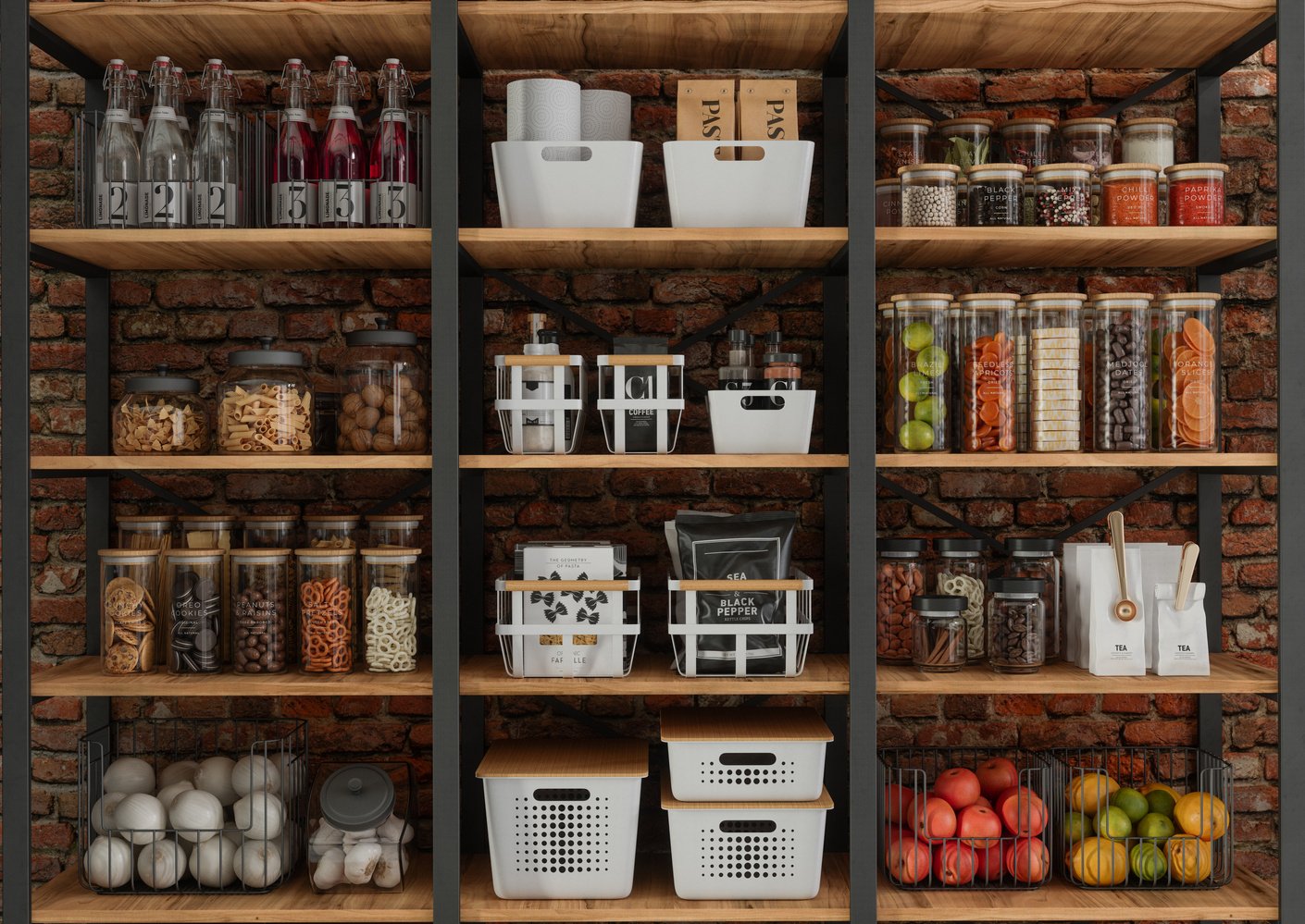 Organised Pantry Items, Non Perishable Food Staples, Healthy Eatings, Fruits, Vegetables And Preserved Foods In Jars On Kitchen Shelf